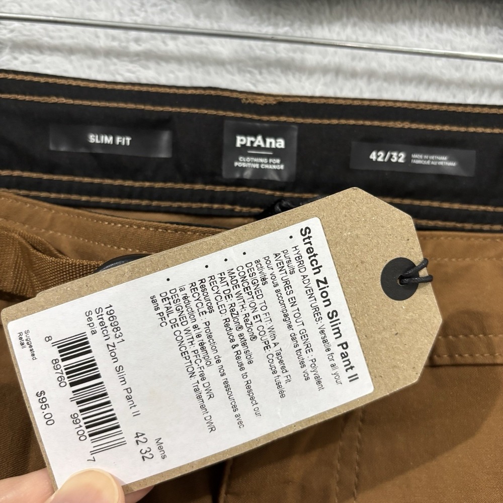 PRANA Stretch Zion Fit Pant II Men 42x32 Sepia Brown Roll Cuff Outdoor Hiking - Picture 2 of 9